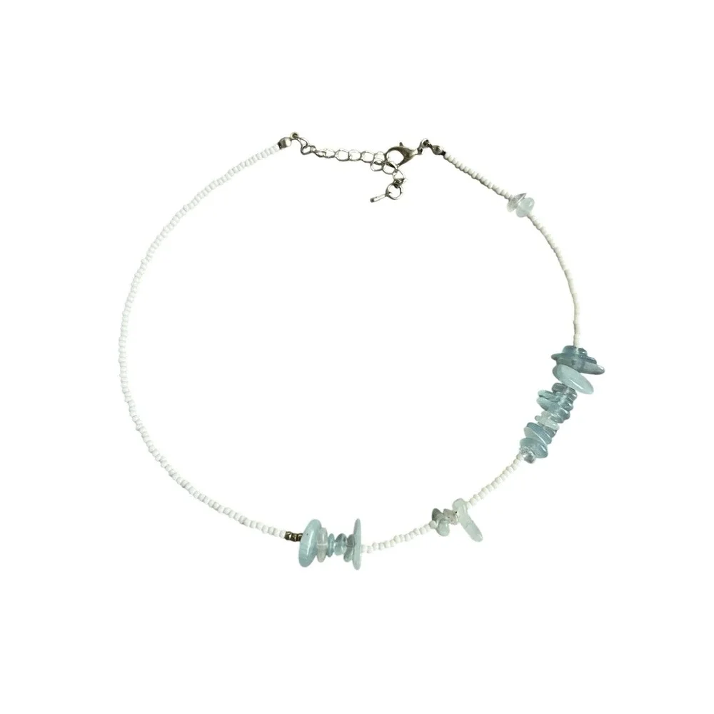 White Seed Bead Aqua Stone Chip Choker Necklace Boho Minimalist Beach